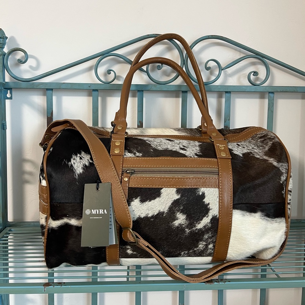 New Myra Bag Onyx Cowhide Leather Mini Small Duffel Western Travel Weekender - Picture 2 of 15